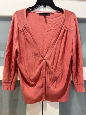 White House Black Market Coral Sparkle V‑Neck Cardigan size Large WHBM